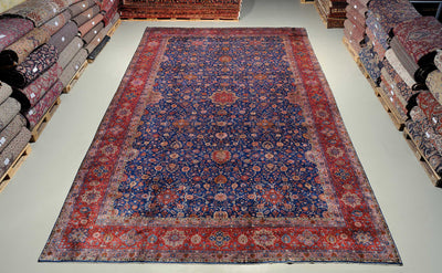 700x400 Teppich mit Seide Blau Rot Perserteppich